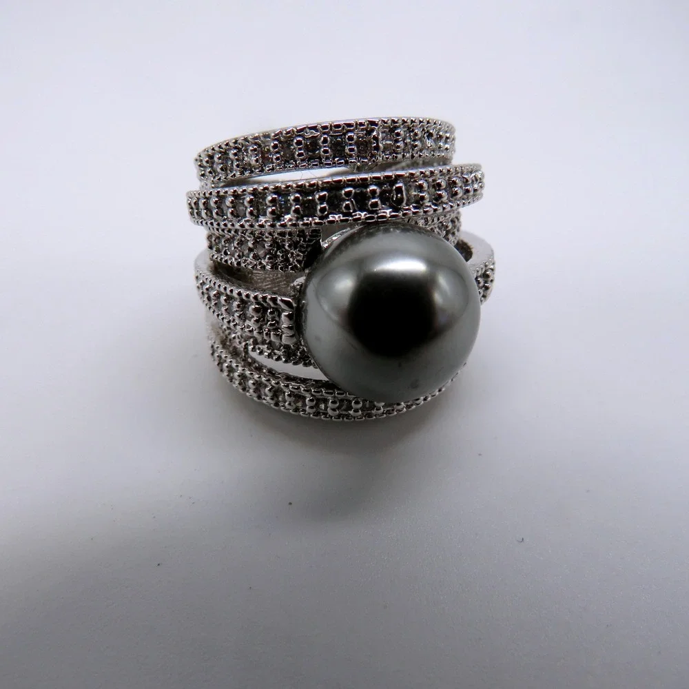 Wide Multi Row Pave Rhinestone Faux Grey Pearl Statement Ring Size 5 Silver Tone